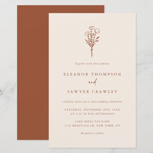 Boho Minimalist Floral Terracotta Wedding Invite (Front/Back)