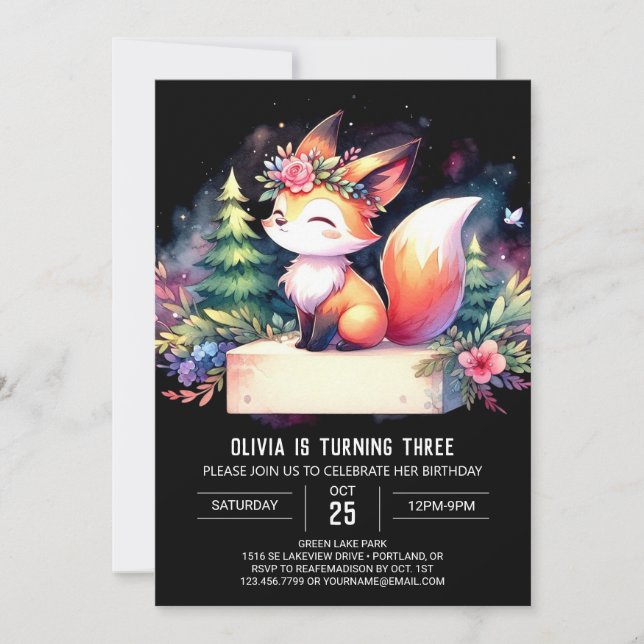 Boho Minimalist Fox Birthday digital Invitation (Front)
