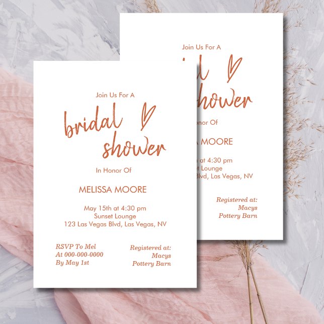 Boho Minimalist Heart Terracotta Bridal Shower Invitation (Creator Uploaded)