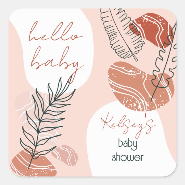 Boho Minimalist Hello Baby Shower Blush Square Sticker (Front)