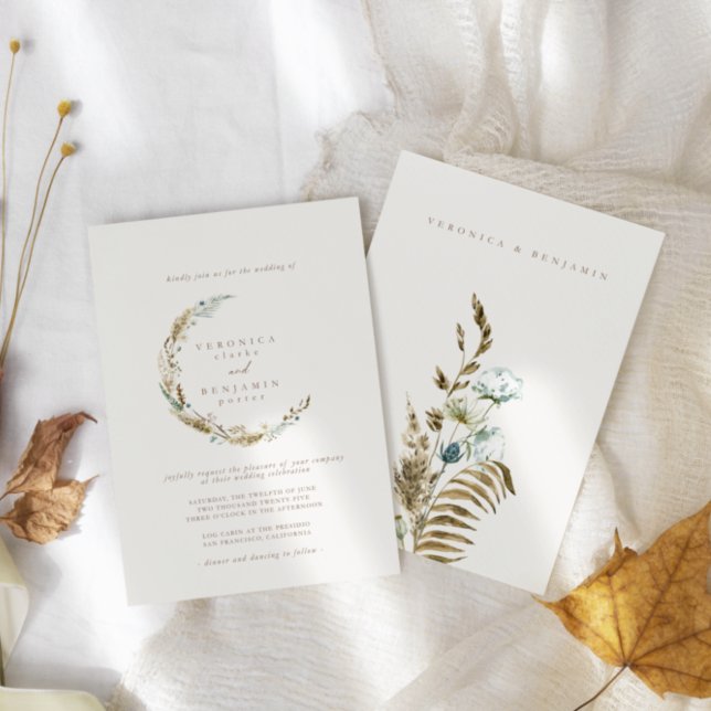 Boho Minimalist Muted Blue & Dried Grass Wedding Invitation (Creator Uploaded)