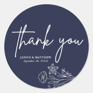 Boho Minimalist Navy Blue Thank You Wedding Favour Classic Round Sticker