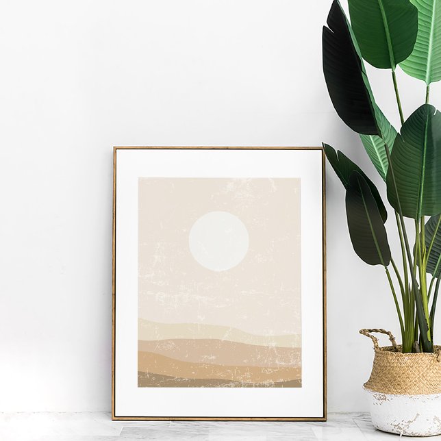 Boho Minimalist Neutral Sunset Wall Art (Boho Minimalist Neutral Sunset Wall Art in a copper frame next to a large plant.)