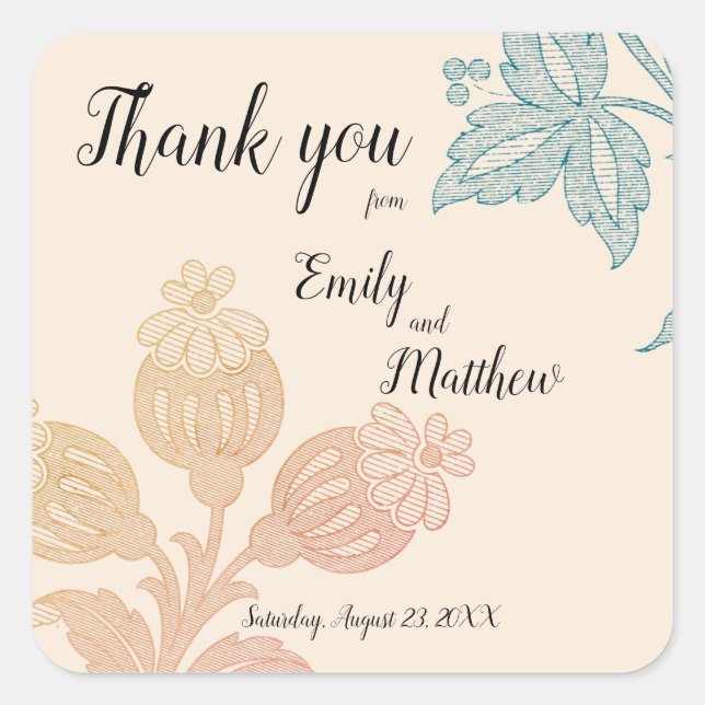 Boho Minimalist Pastel Peach Floral Wedding Square Sticker (Front)