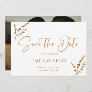 Boho Minimalist Photo Burnt Orange Floral Wedding Invitation