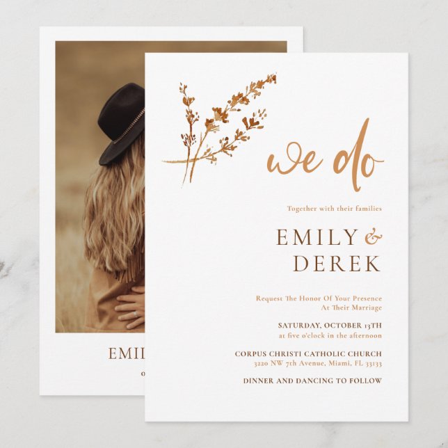 Boho Minimalist Photo Burnt Orange Floral Wedding Invitation (Front/Back)