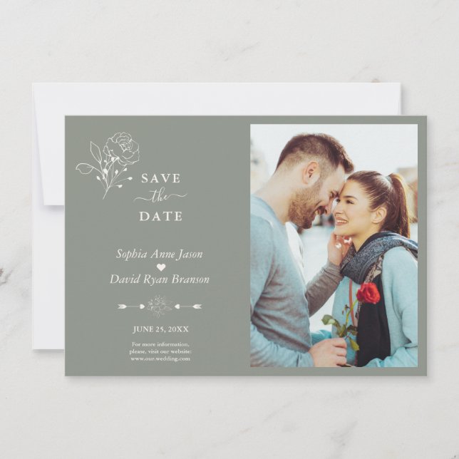 Boho Minimalist Simple Sage Green Photo Wedding Save The Date (Front)