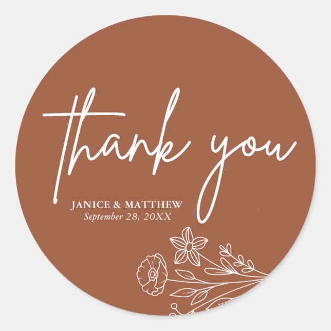 Boho Minimalist Terracotta Thank You Wedding Favou Classic Round Sticker (Front)