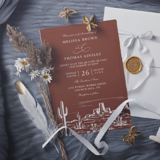 Boho Minimalist Terracotta Western QR Code Wedding Invitation (Creator Uploaded)