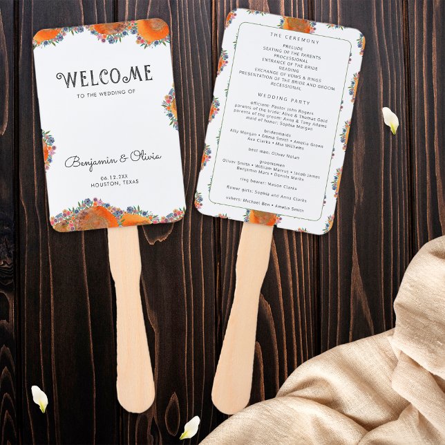 Boho Minimalist  Watercolor Wildflower Wedding Hand Fan (Front/Back)