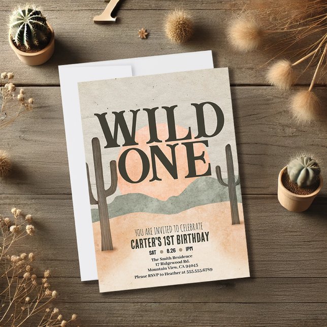 Boho Minimalist Wild One First Birthday Sun Cactus Announcement (Creator Uploaded)