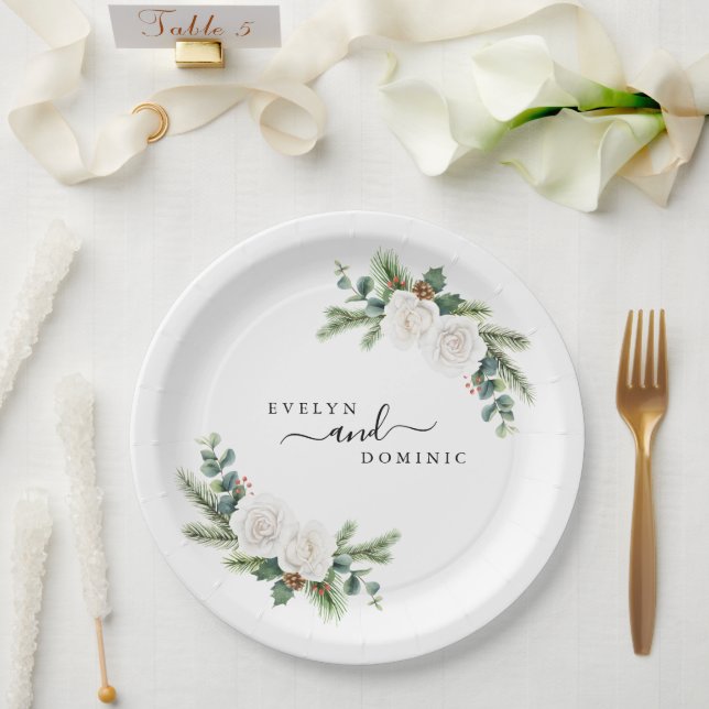 Boho Minimalist Winter Greenery Evergreen Wedding Paper Plate (Wedding)