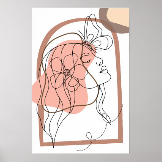 Boho Minimalistic Line art, Woman with flower Poster