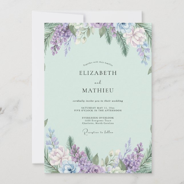 Boho Mint Amethyst Wisteria Wedding Invitation (Front)