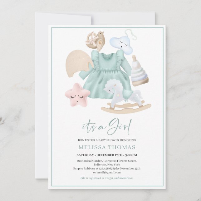 Boho mint girl dress wooden toys pink rainbow invitation (Front)