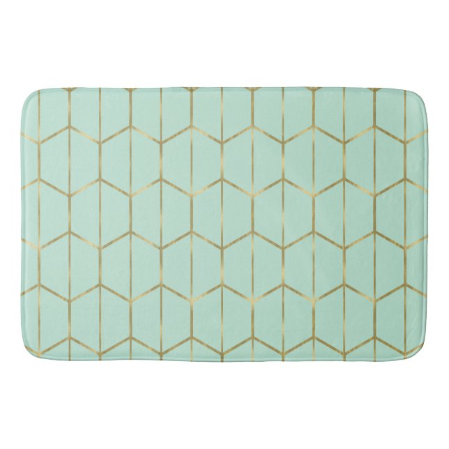 Boho Mint Green Hexagon Gold & Geometric Glam Bath Mat (Front)