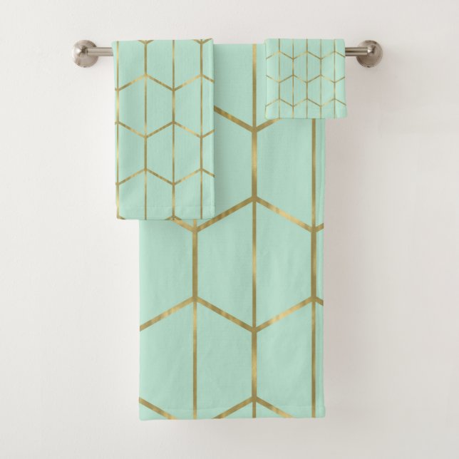 Boho Mint Green Hexagon Gold & Geometric Glam Bath Towel Set (Insitu)