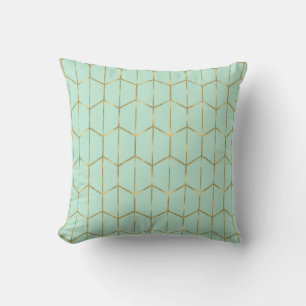 Boho Mint Green Hexagon Gold & Geometric Glam Cushion