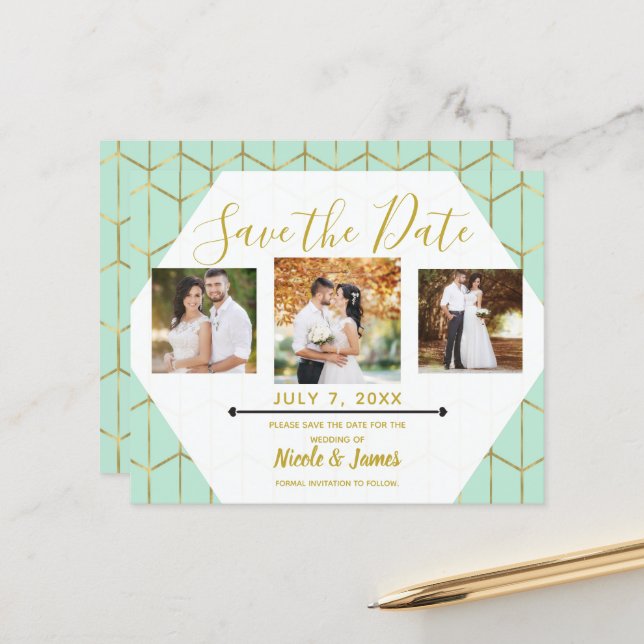 Boho Mint Green Hexagon Gold Geometric Save Date (Front/Back In Situ)
