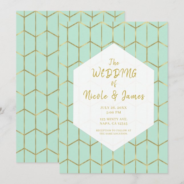 Boho Mint Green Hexagon Gold Geometric Wedding Invitation (Front/Back)
