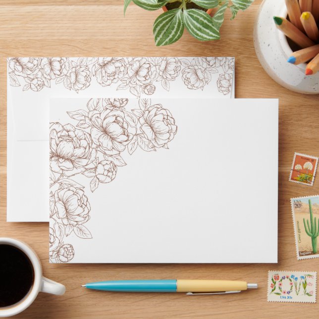 Boho Mocha Mousse Elegant Modern Floral Wedding Envelope (Desk)