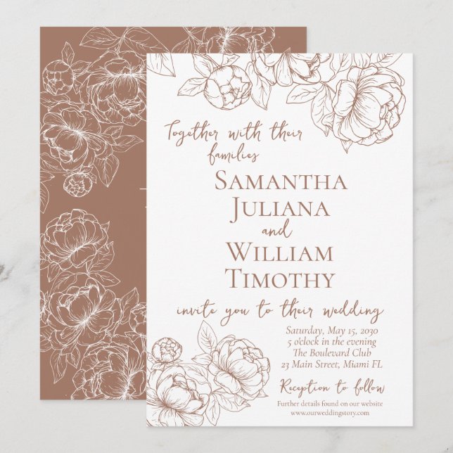 Boho Mocha Mousse Floral Elegant Modern Wedding Invitation (Front/Back)
