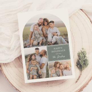 Boho Modern 3 Photo Collage Arch Christmas Photo Holiday Card