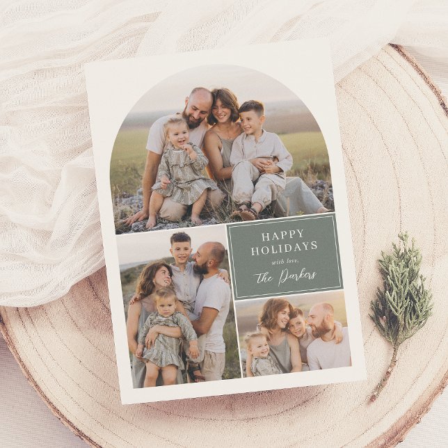 Boho Modern 3 Photo Collage Arch Christmas Photo Holiday Card (Creator Uploaded)