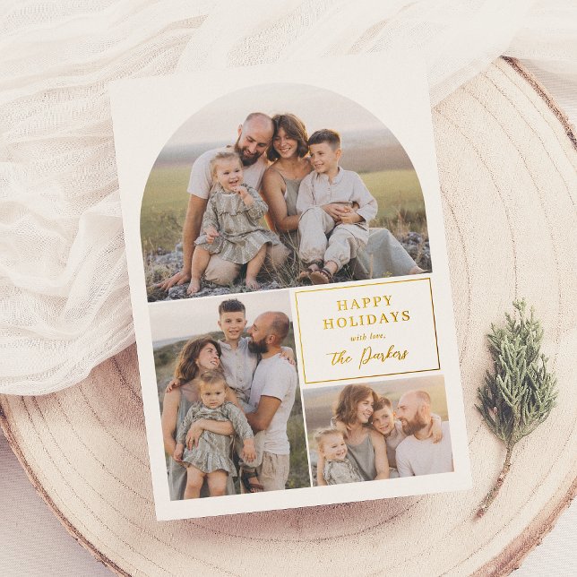 Boho Modern 4 Photo Collage Arch Christmas Photo Foil Holiday Card (Creator Uploaded)