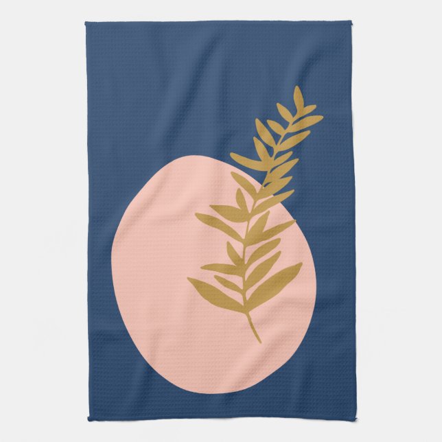Boho Modern Abstract Botanical Art Pink Blue Gold Tea Towel (Vertical)
