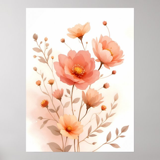 Boho Modern Art. Soft Peach Floral Watercolor Poster (Front)