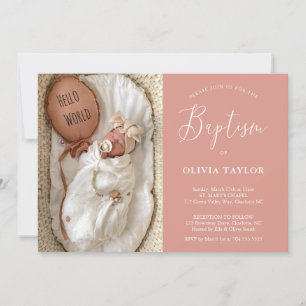 Boho Modern Baby Blush Pink Dusty Rose Baptism Invitation
