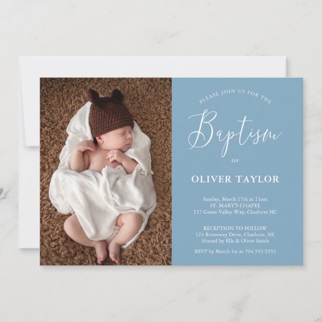 Boho Modern Baby Dusty Blue Light Blue Baptism Invitation (Front)