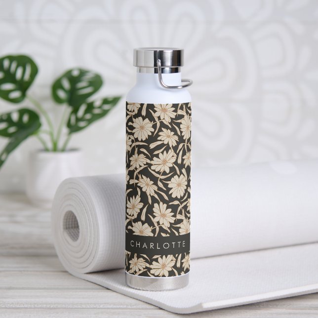 Boho Modern Botanical Black Ivory Personalised Water Bottle (Yoga)