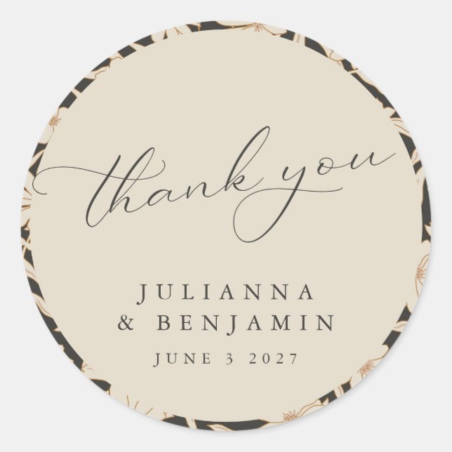 Boho Modern Botanical Black Ivory Wedding Custom  Classic Round Sticker (Front)