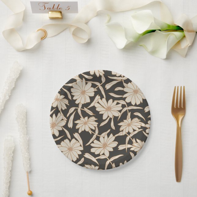 Boho Modern Botanical Black Ivory Wedding Paper Plate (Wedding)