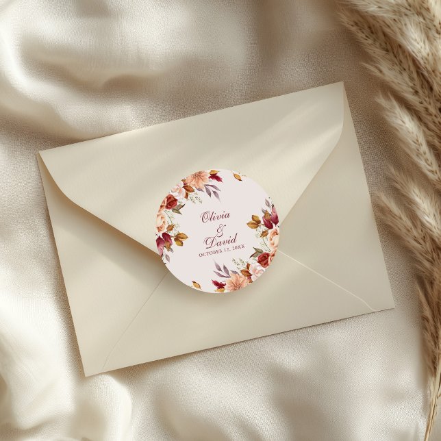 Boho Modern Burnt Orange Terracotta Floral Wedding Classic Round Sticker (Boho Modern Burnt Orange Terracotta Floral Wedding Classic Round Sticker on a wedding envelope)