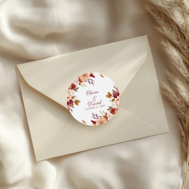 Boho Modern Burnt Orange Terracotta Floral Wedding Classic Round Sticker (Boho Modern Burnt Orange Terracotta Floral Wedding Classic Round Sticker on a wedding envelope)