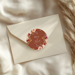 Boho Modern Burnt Orange Terracotta Floral Wedding Classic Round Sticker