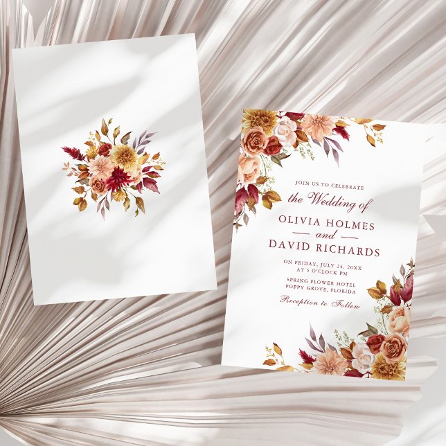 Boho Modern Burnt Orange Terracotta Floral Wedding Invitation (Boho Modern Burnt Orange Terracotta Floral Wedding Invitation on a sunny neutral dry palm leaf.)