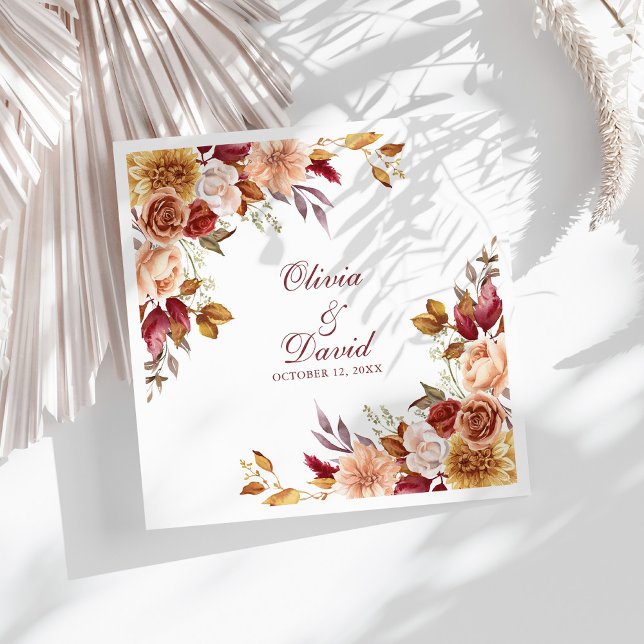 Boho Modern Burnt Orange Terracotta Floral Wedding Napkin (Boho Modern Burnt Orange Terracotta Floral Wedding Paper Dinner Napkins on a sunny boho white table.)