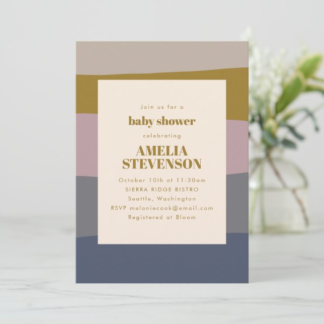 Boho Modern Dusty Mauve Blue Striped Baby Shower Invitation (Standing Front)