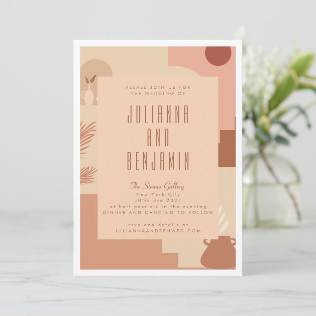 Boho Modern Floral Art Blush Terracotta Wedding  Invitation (Standing Front)