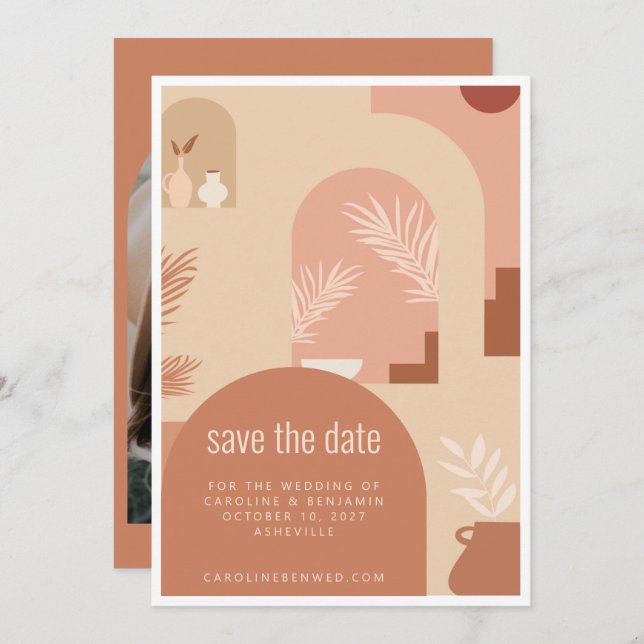Boho Modern Floral Art Terracotta Arch Photo Save The Date (Front/Back)