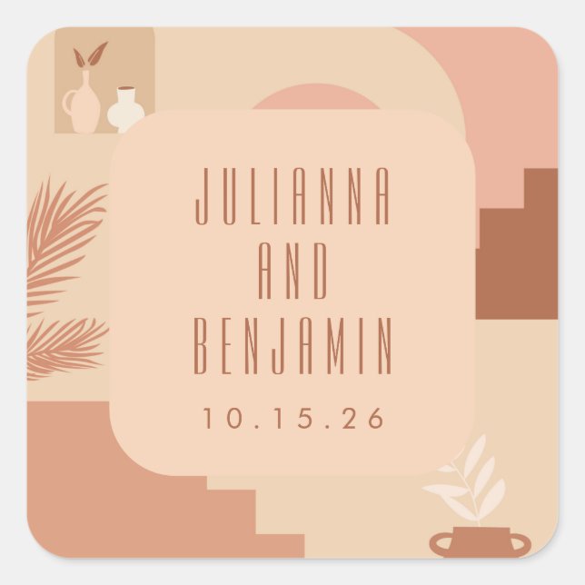 Boho Modern Floral Blush Terracotta Wedding Custom Square Sticker (Front)