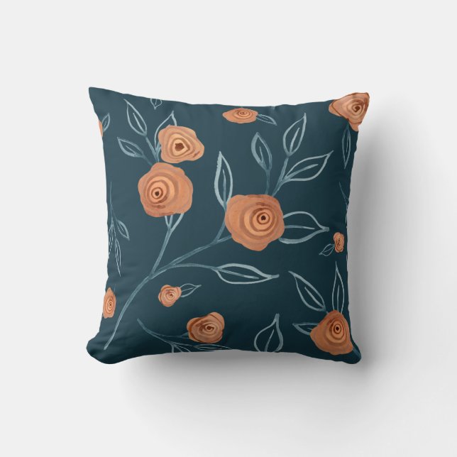 BOHO Modern Floral Watercolor Navy Blue Terracotta Cushion (Front)