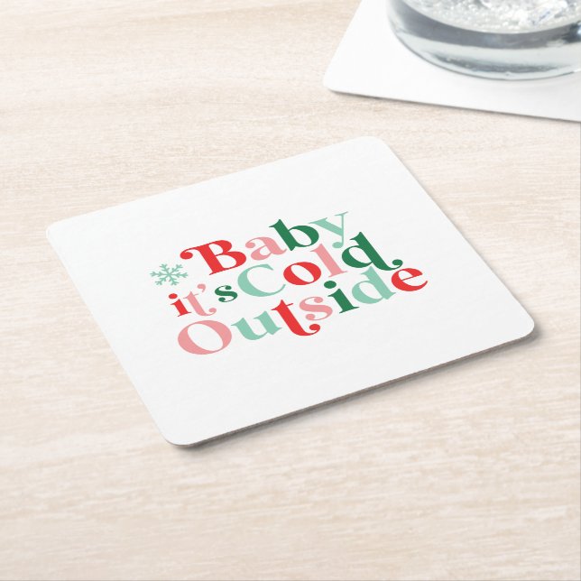 Boho Modern Font Baby It's Cold Outside Christmas Square Paper Coaster (Angled)