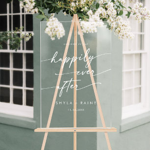 Boho Modern Happily White Clear Wedding Welcome Acrylic Sign