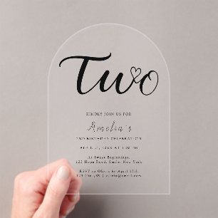  Boho Modern Heart Black Script 2nd Birthday Acrylic Invitations
