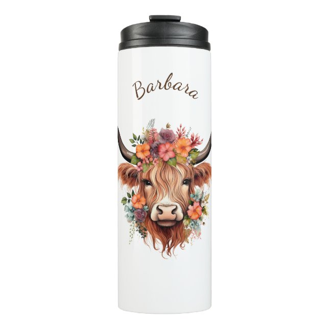 Boho Modern Highland Cow with Flowers Thermal Tumbler (Front)